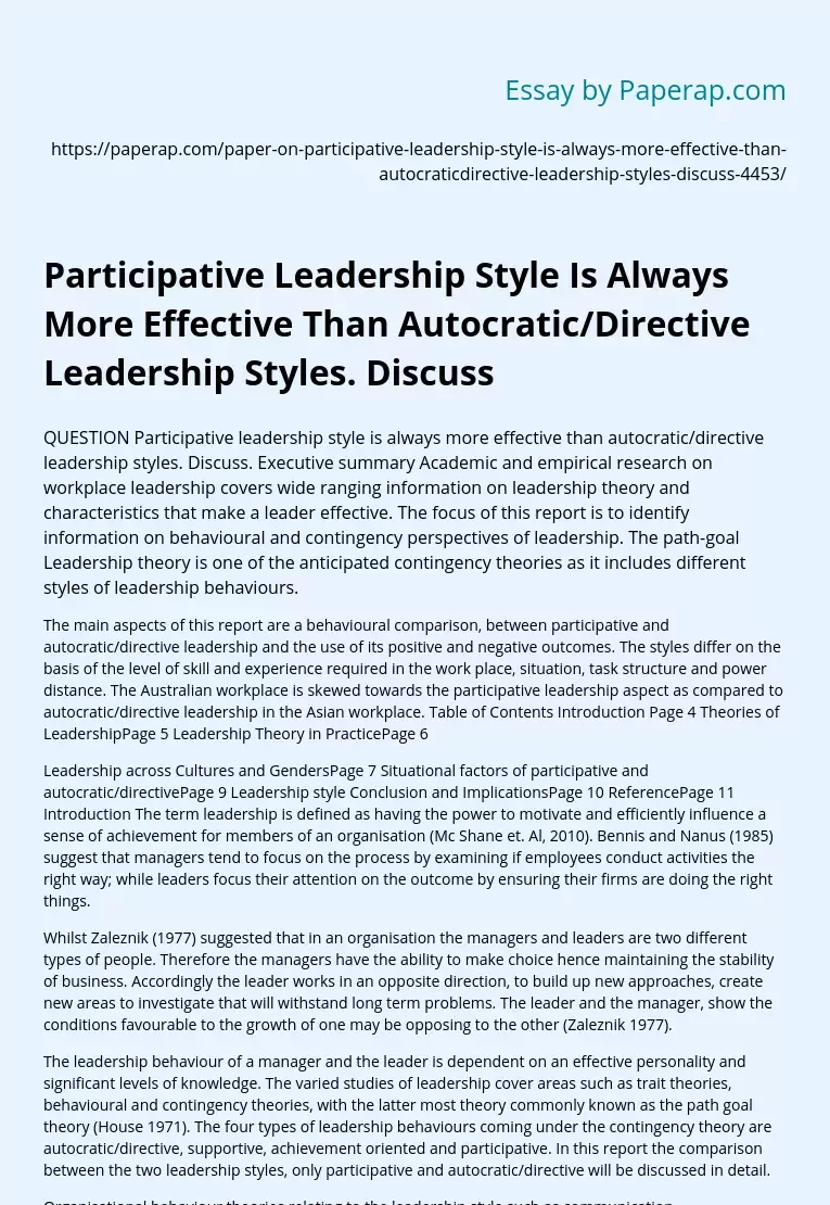 Participative Leadership Style vs Autocratic/Directive Leadership Styles