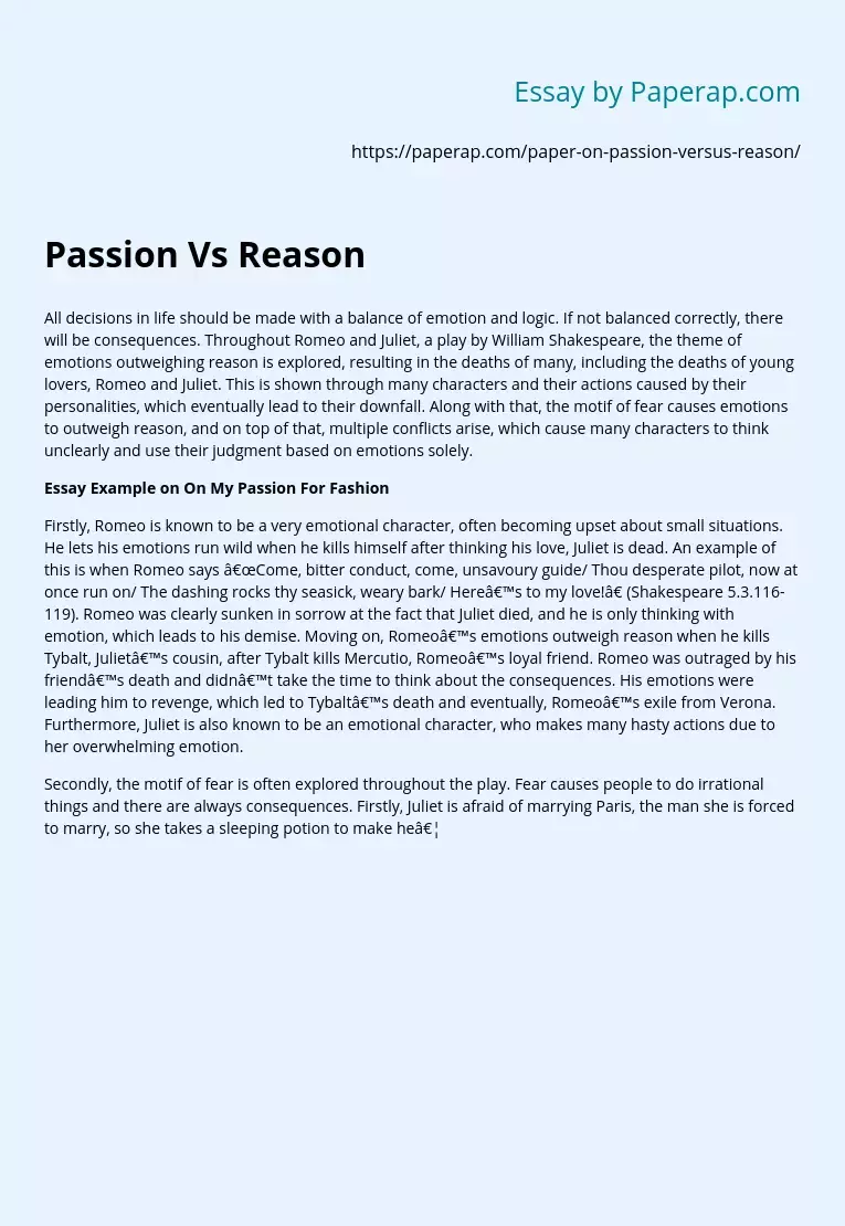 Passion Vs Reason in Romeo and Juliet