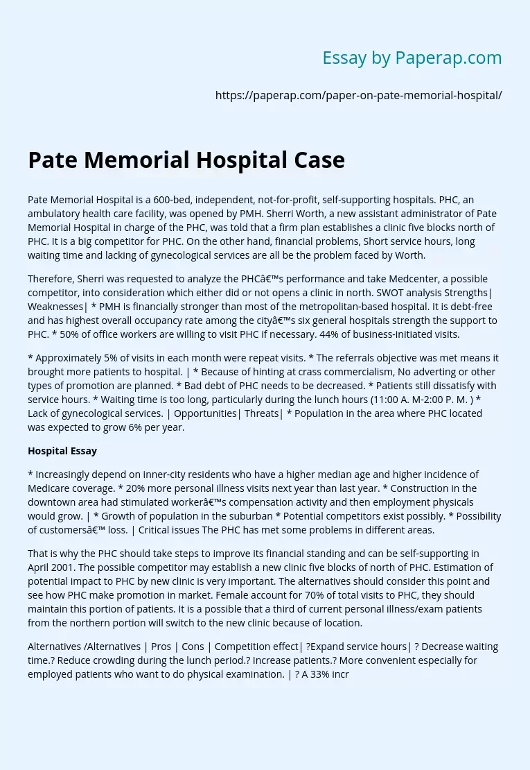 Pate Memorial Hospital Performance