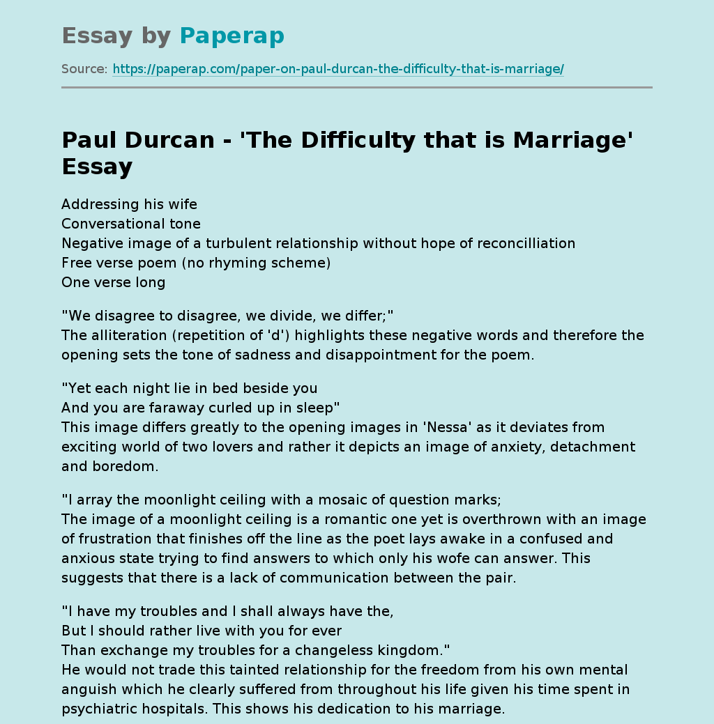 Paul Durcan - 'The Difficulty that is Marriage'