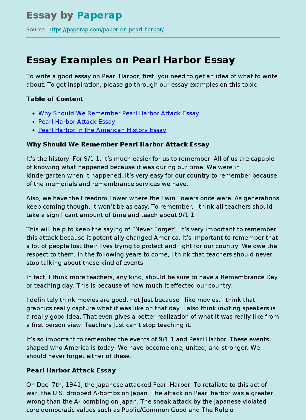 Essay Examples on Pearl Harbor