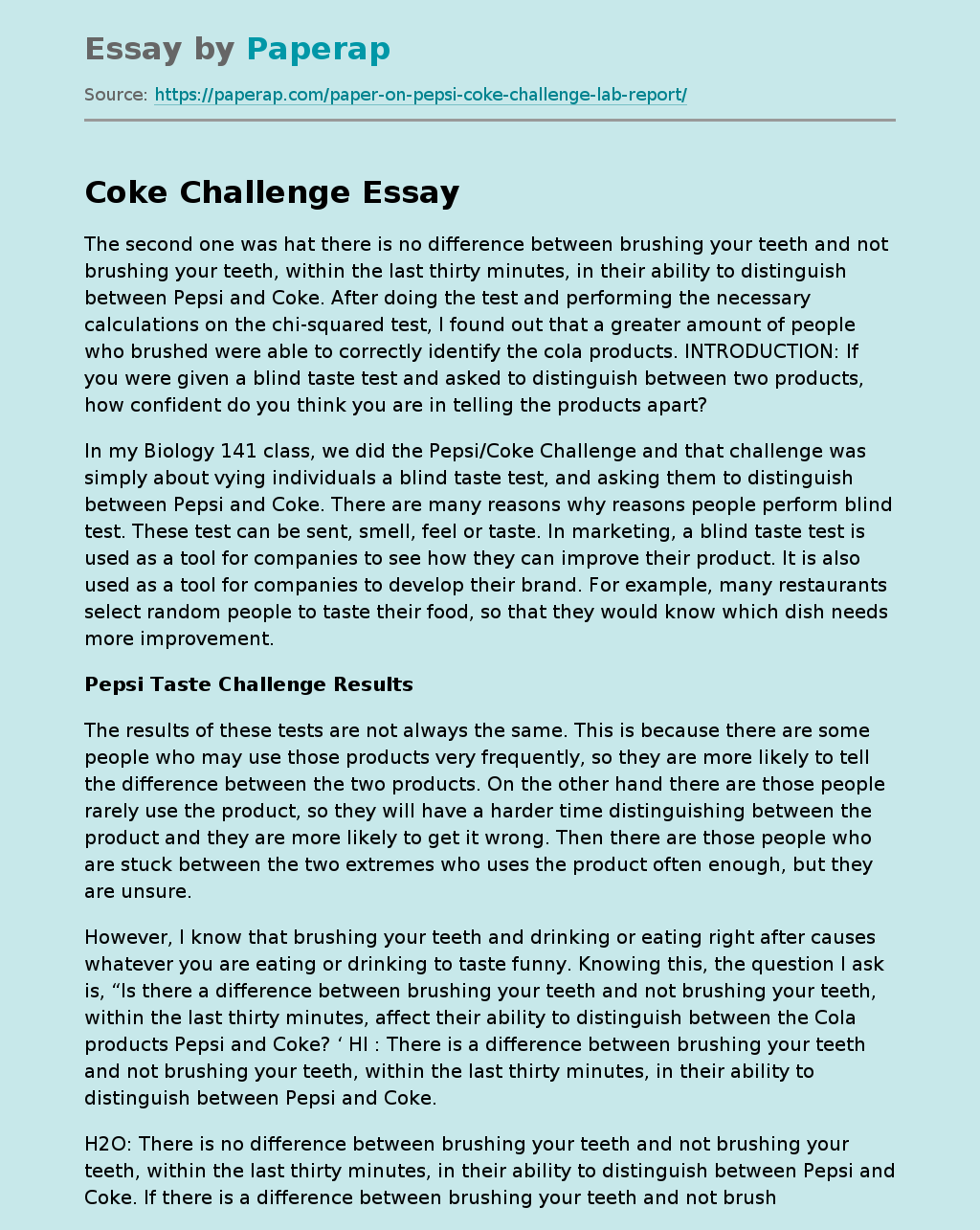 Pepsi Taste Challenge Results