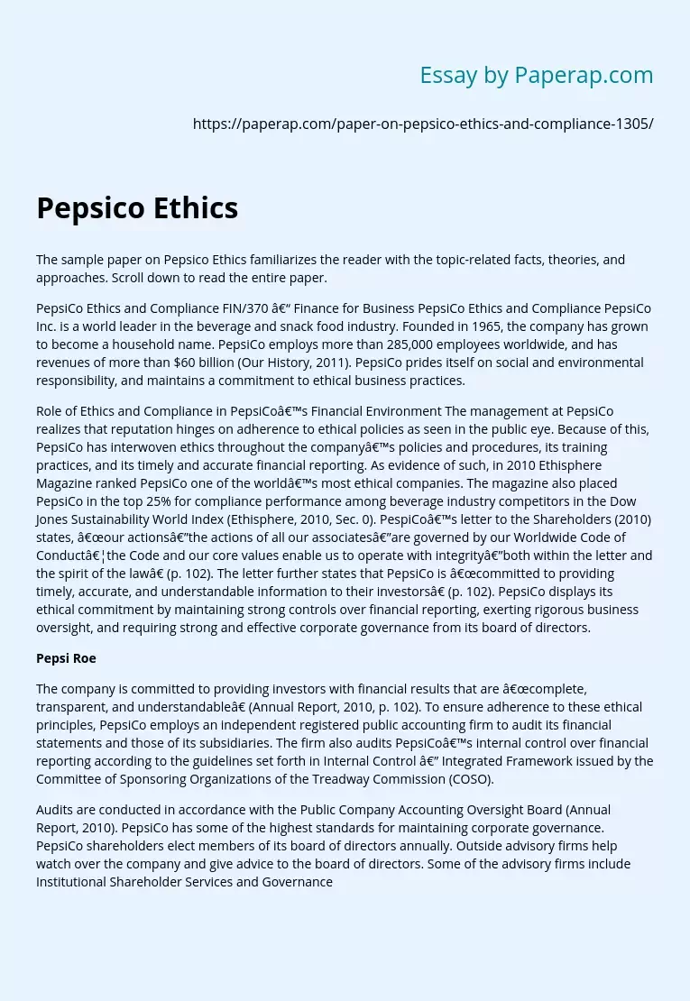 Pepsico Ethics Sample Paper
