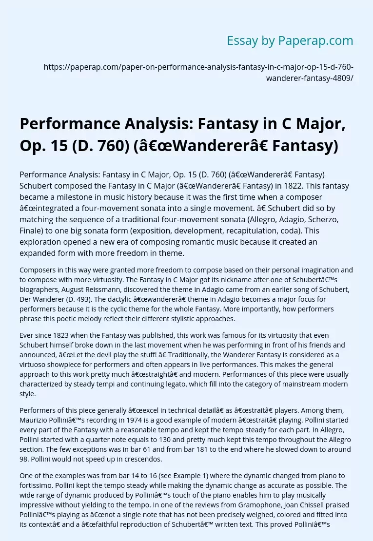 Performance Analysis: Fantasy in C Major, Op. 15 (D. 760) (“Wanderer” Fantasy)
