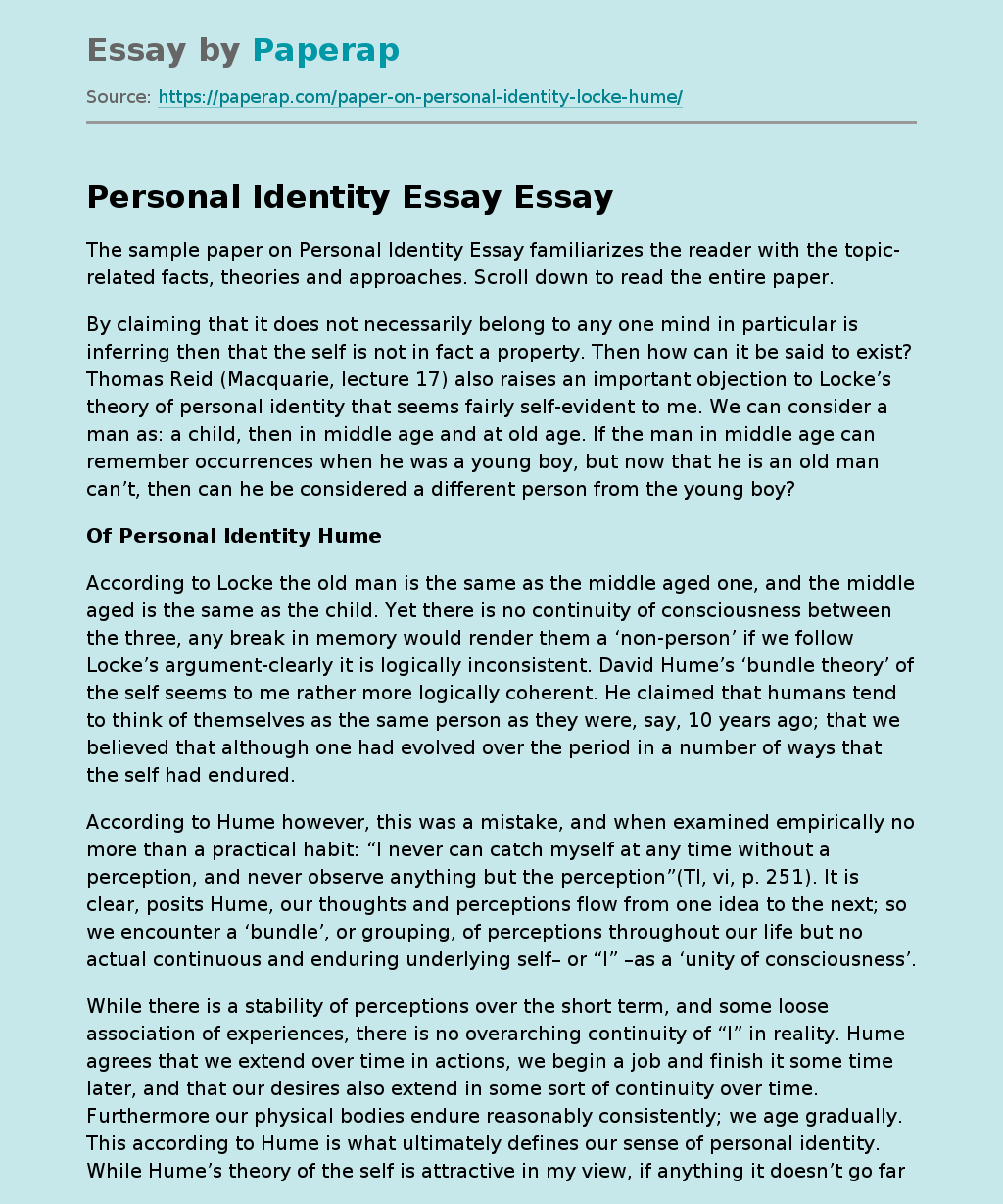 Personal Identity Essay Free Essay Example