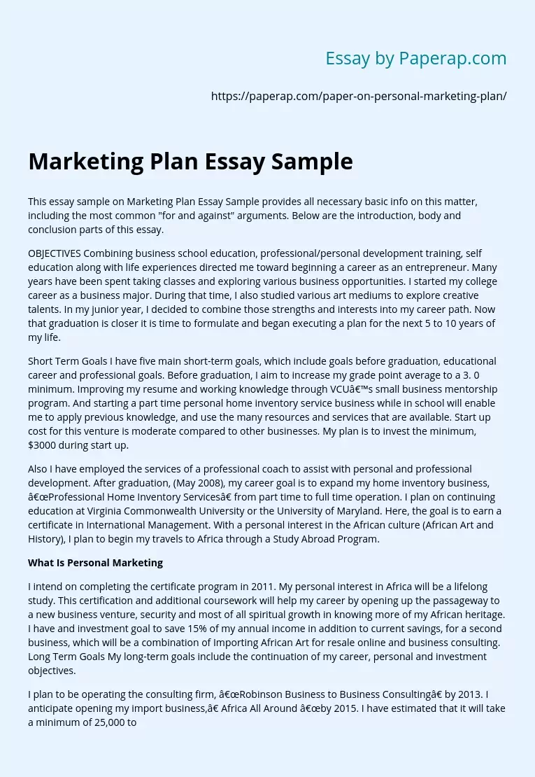 Marketing Plan Essay Sample