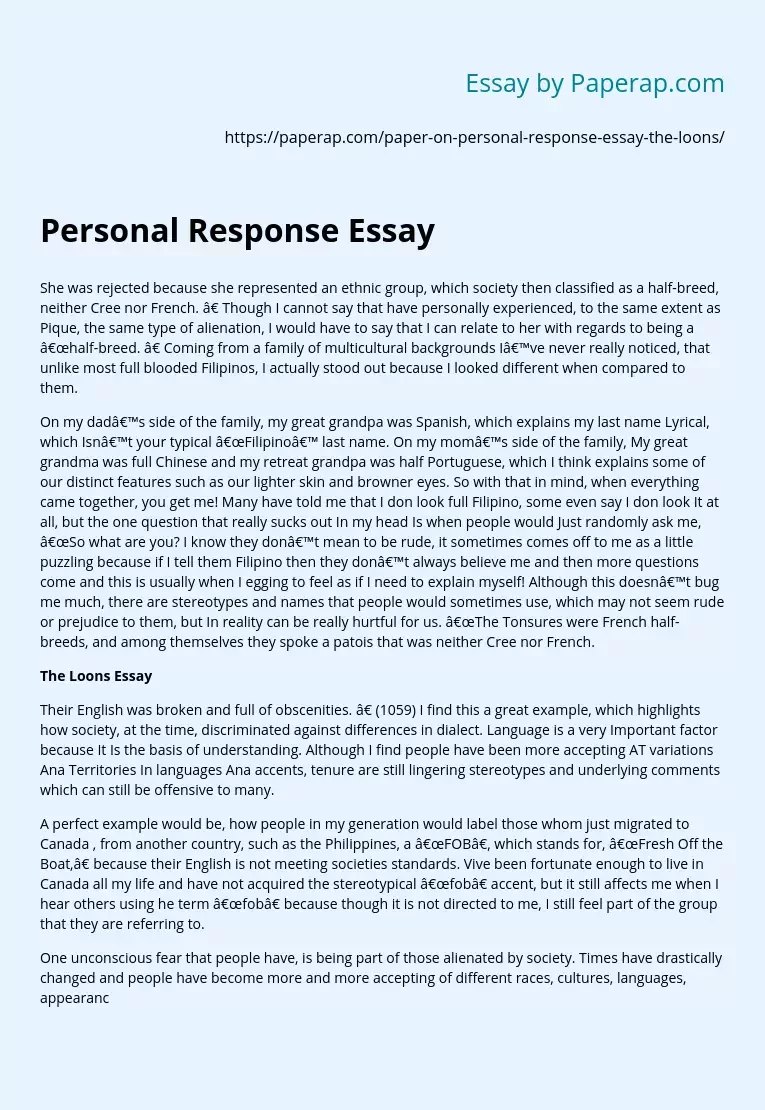 Personal Response Essay Free Essay Example
