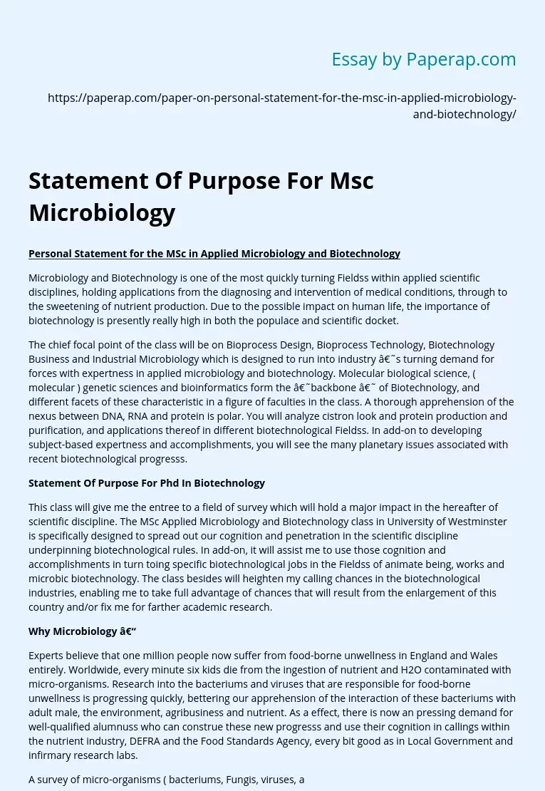 Statement Of Purpose For Msc Microbiology Essay Sample