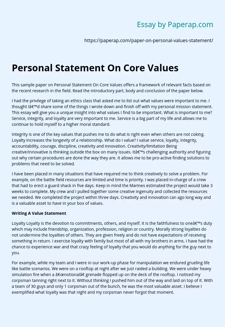 Personal Statement On Core Values