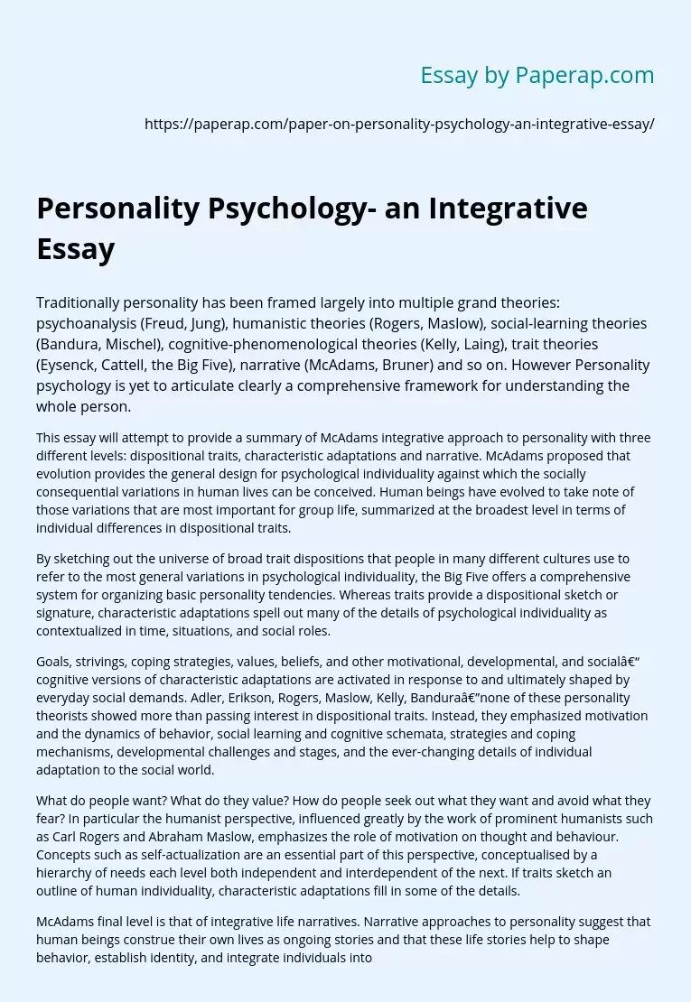 Personality Psychology- an Integrative Essay