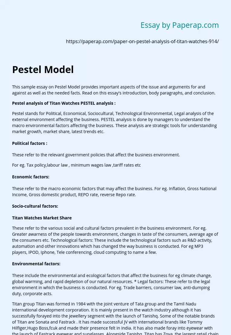 Titan Watches Analysis According to Pestel Model