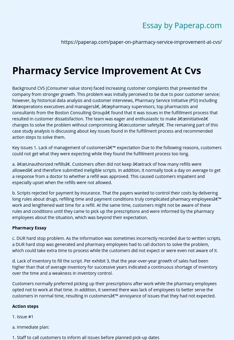 Pharmacy Service Improvement At Cvs