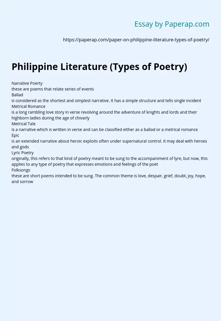Philippine Literature Types Of Poetry Narrative Essay Example