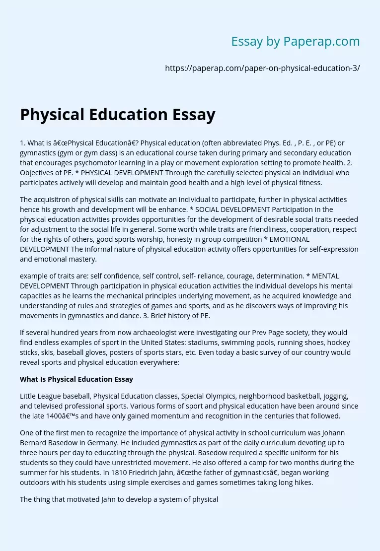 Physical Education Personal Essay Example