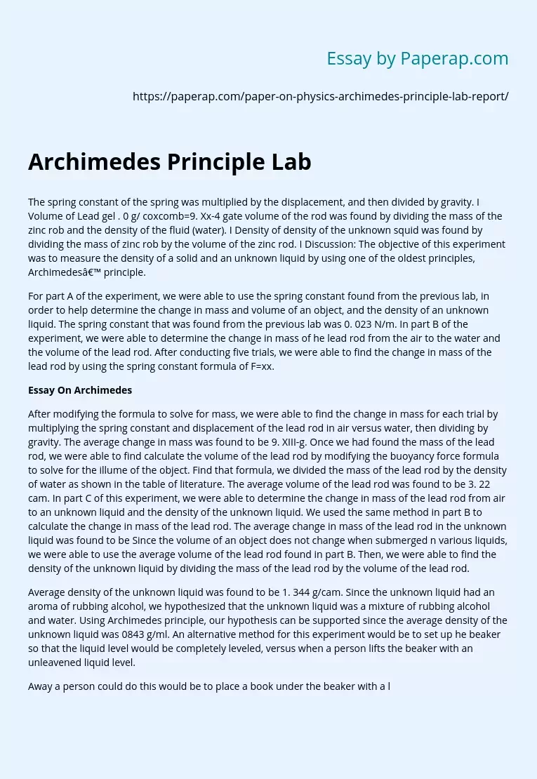Archimedes Principle Lab Essay