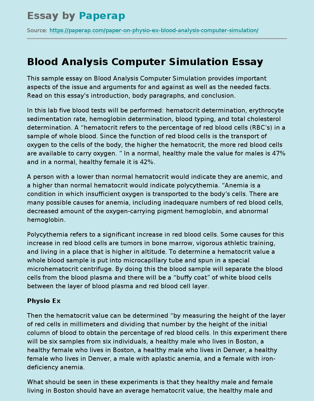 Blood Analysis Computer Simulation