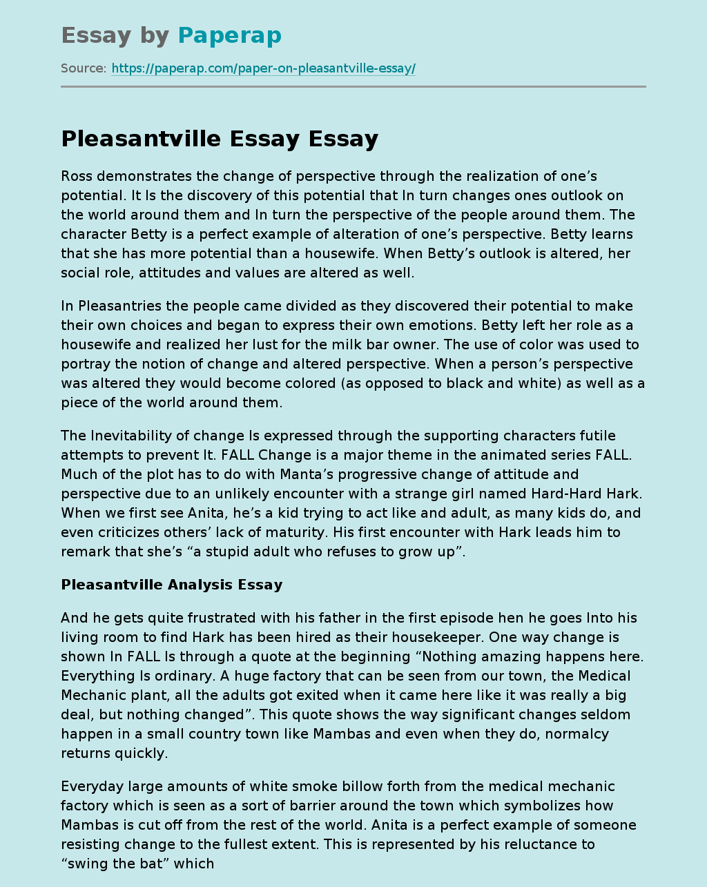 Pleasantville Analysis Essay Free Essay Example