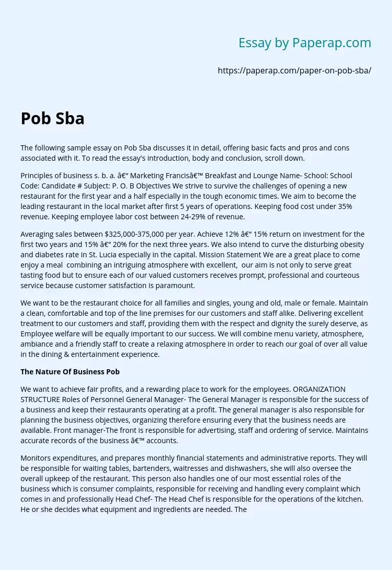 POB Sba Analysis for Opening a Restaurant