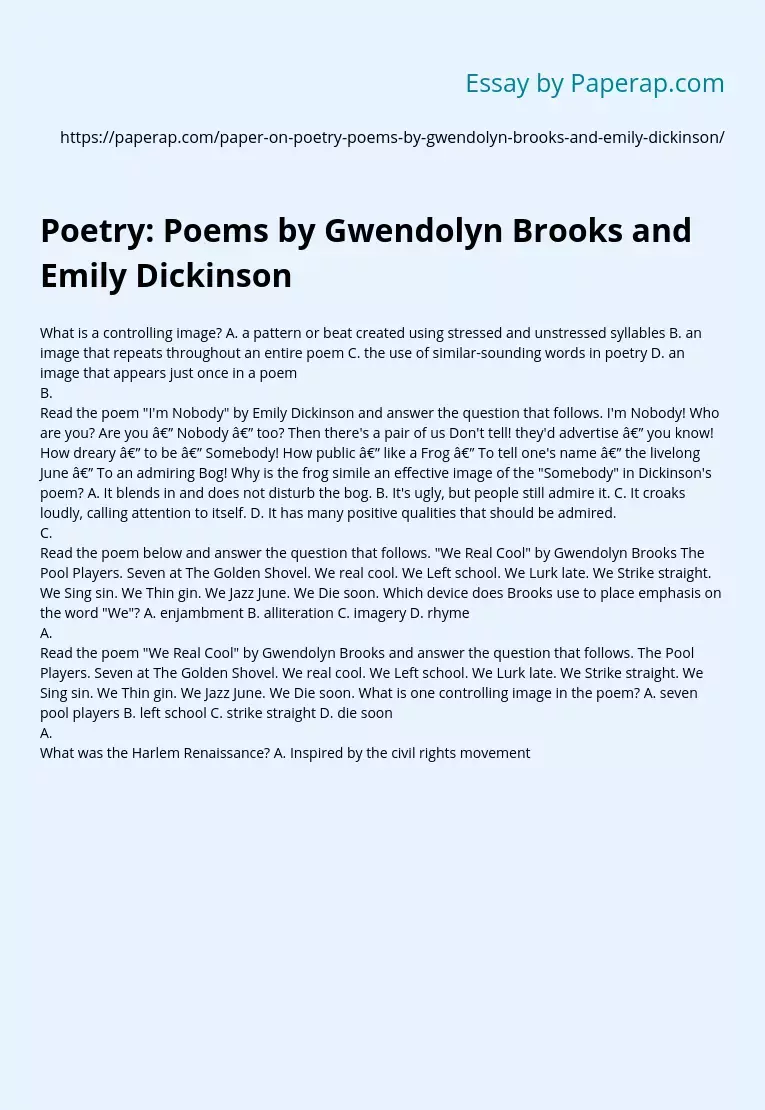 Poetry: Poems by Gwendolyn Brooks and Emily Dickinson