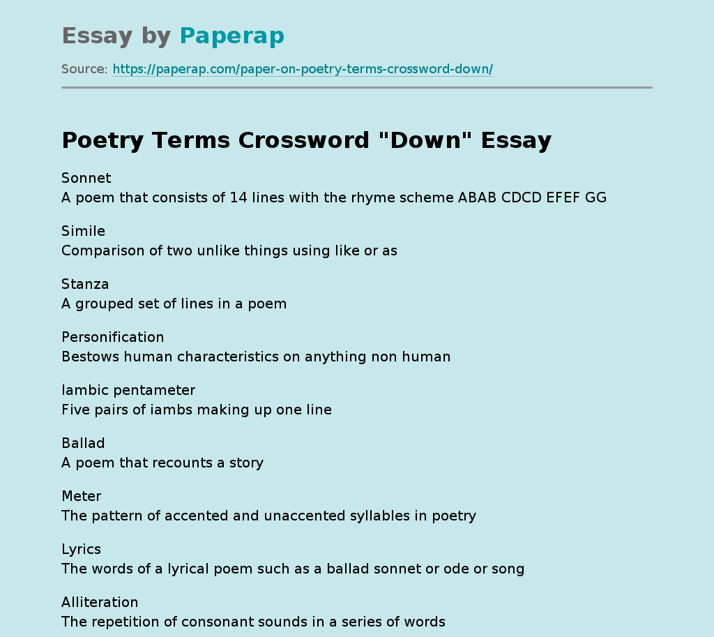Poetry Terms Crossword Down Free Essay Example