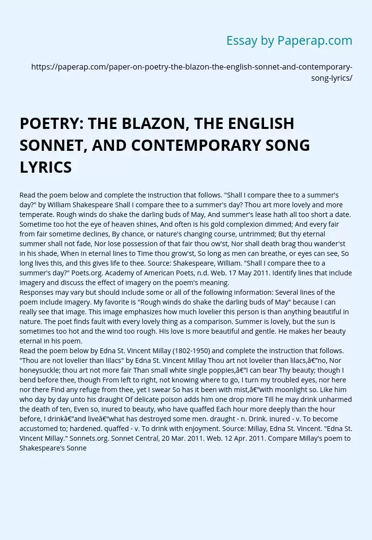 POETRY: THE BLAZON, THE ENGLISH SONNET, AND CONTEMPORARY SONG LYRICS