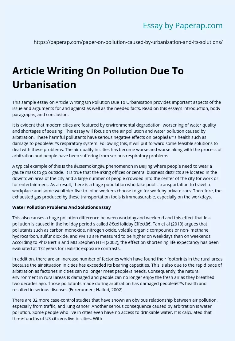 Article Writing On Pollution Due To Urbanisation