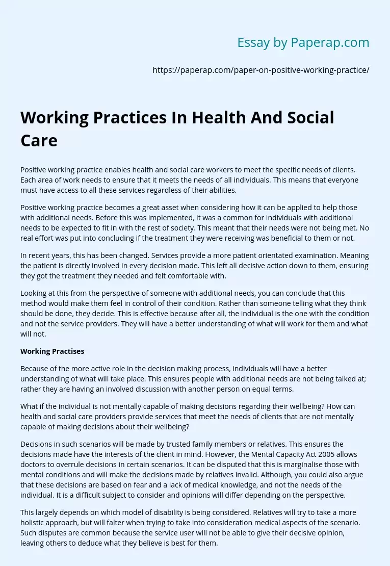Working Practices In Health And Social Care