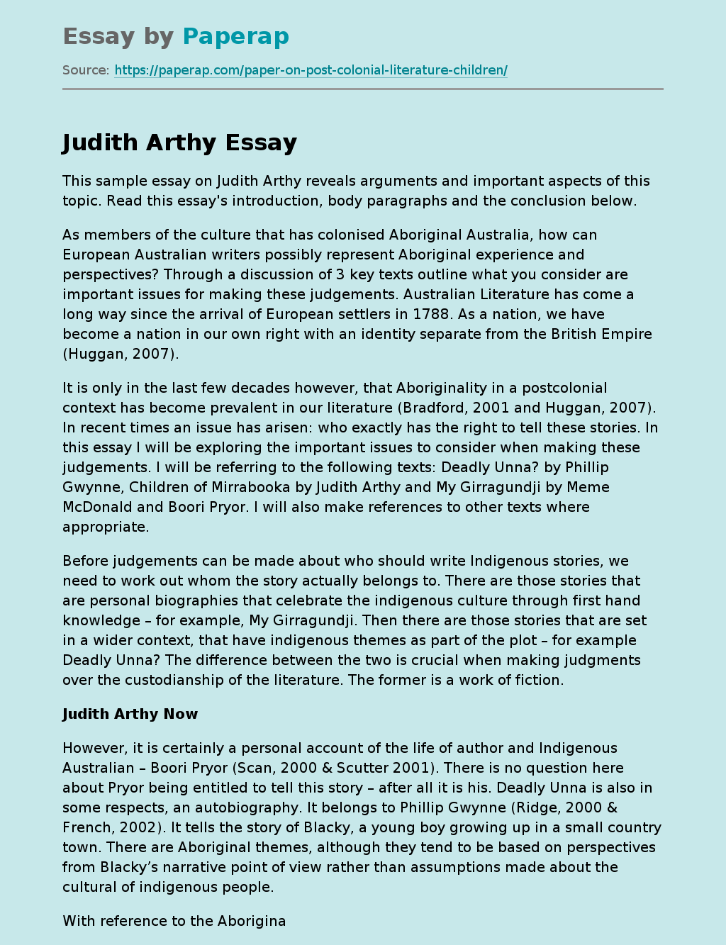This Sample Essay on Judith Arthy