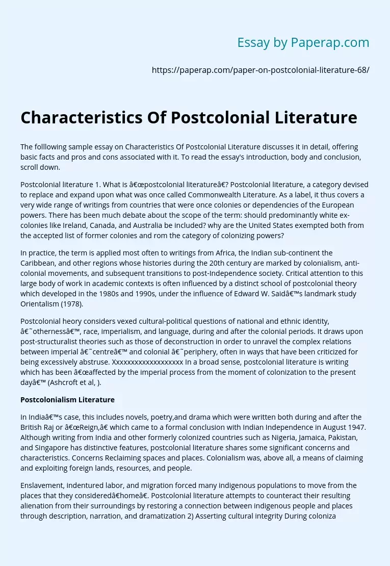  Characteristics Of Postcolonial Literature Free Essay Example