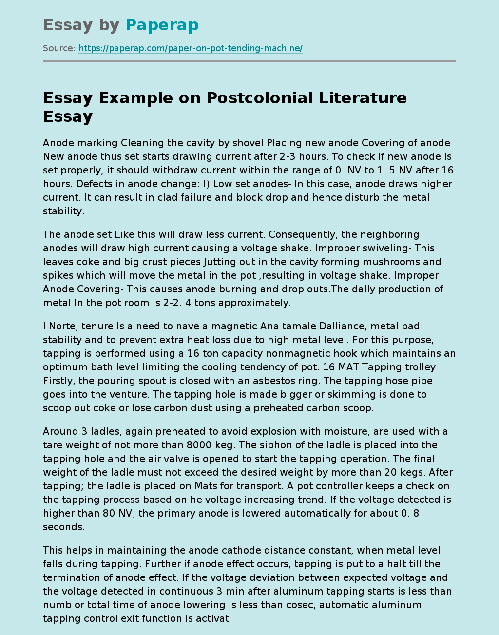 Essay Example on Postcolonial Literature