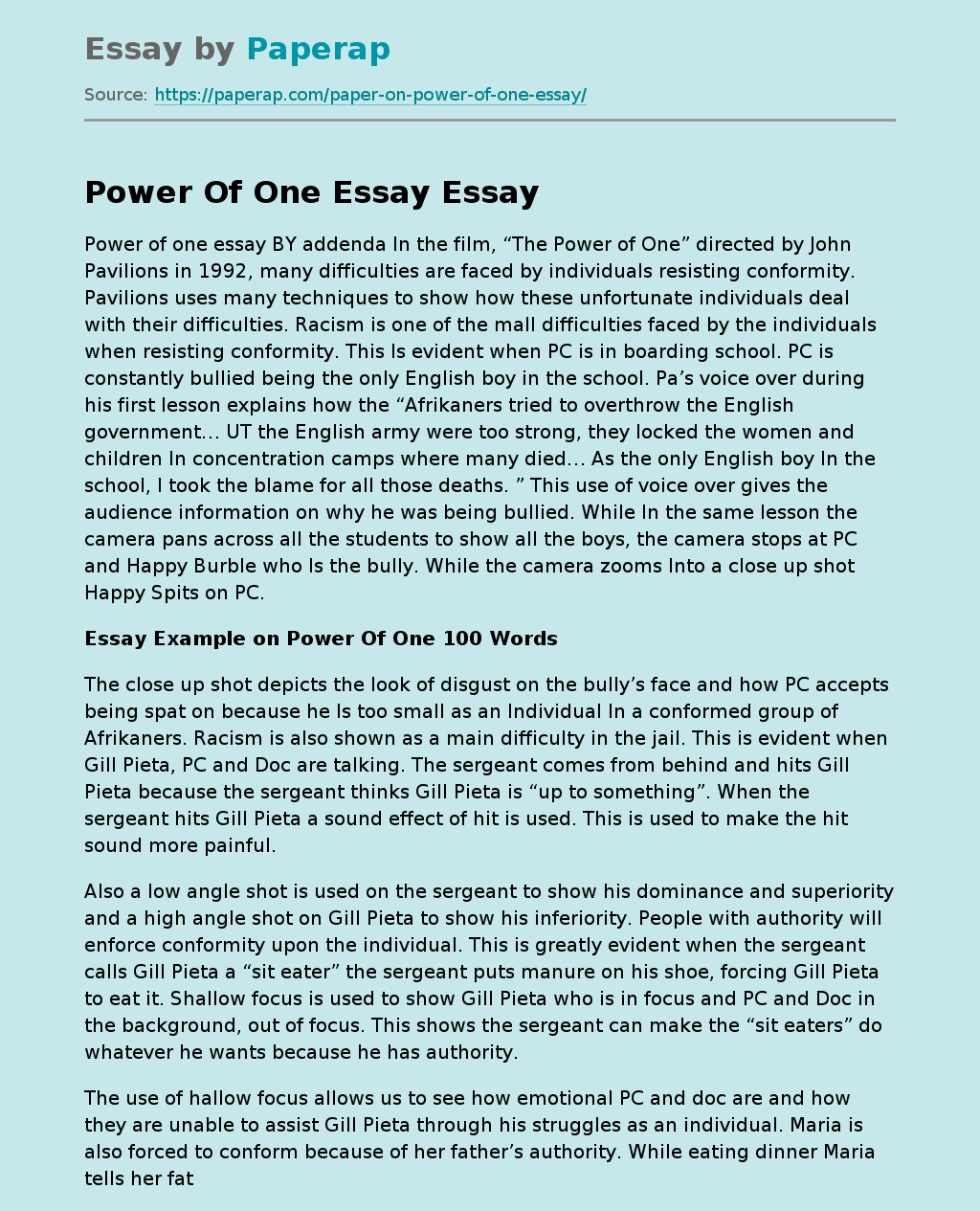 Power Of One Essay