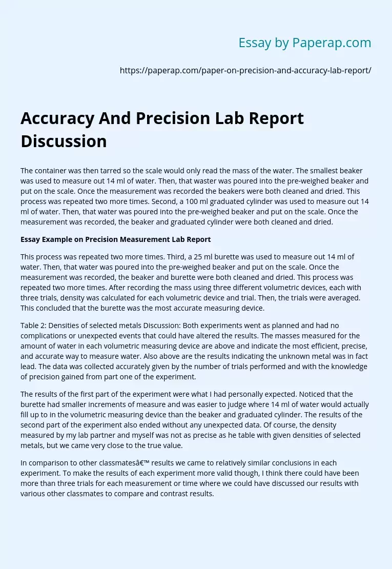 Accuracy And Precision Lab Report Discussion