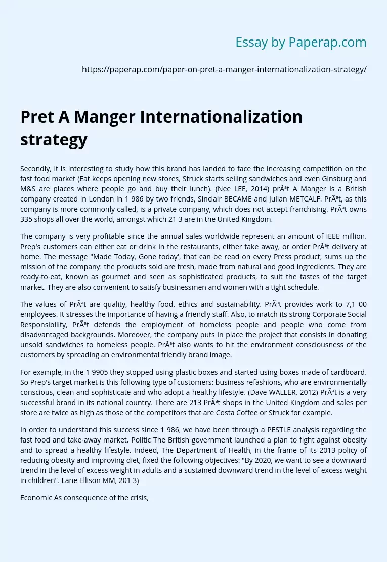 Pret A Manger Internationalization strategy