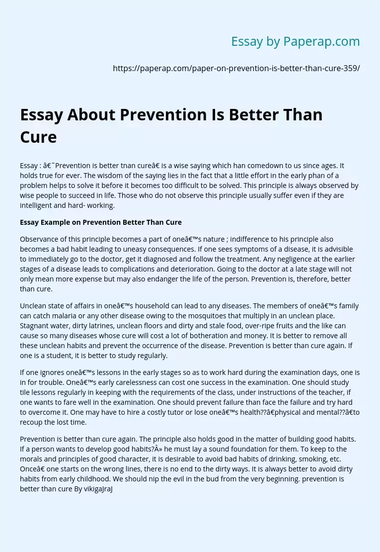 Essay About Prevention Is Better Than Cure