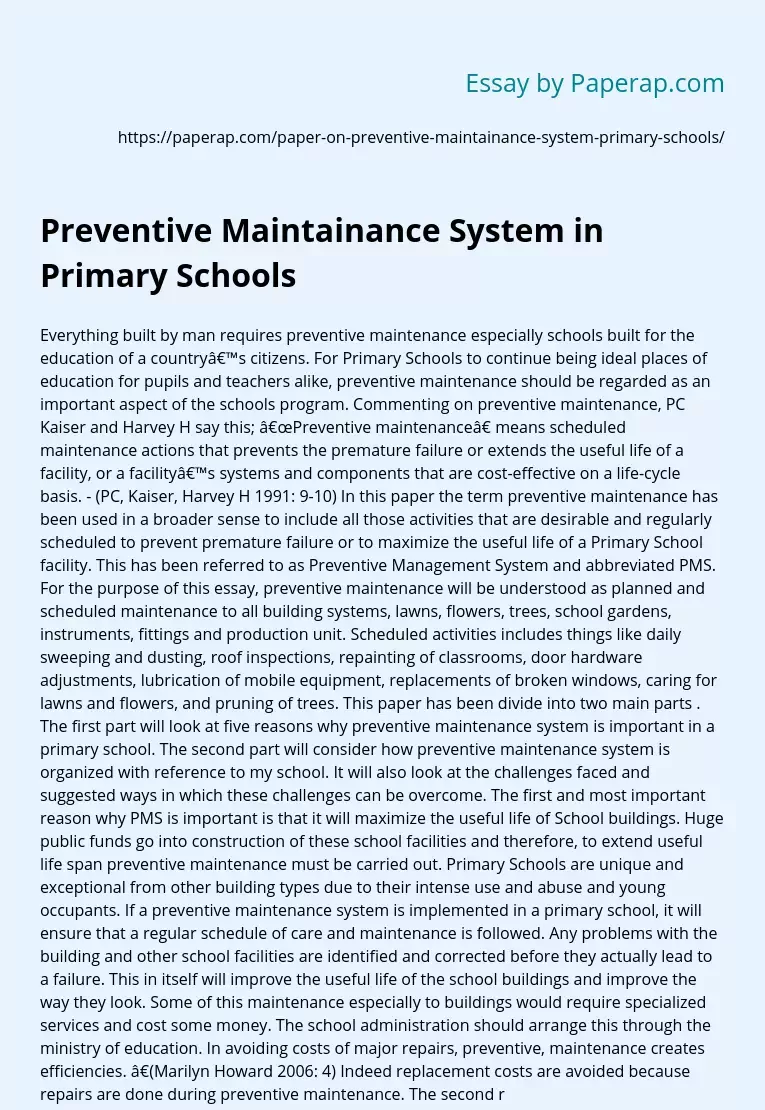 Preventive Maintainance System in Primary Schools