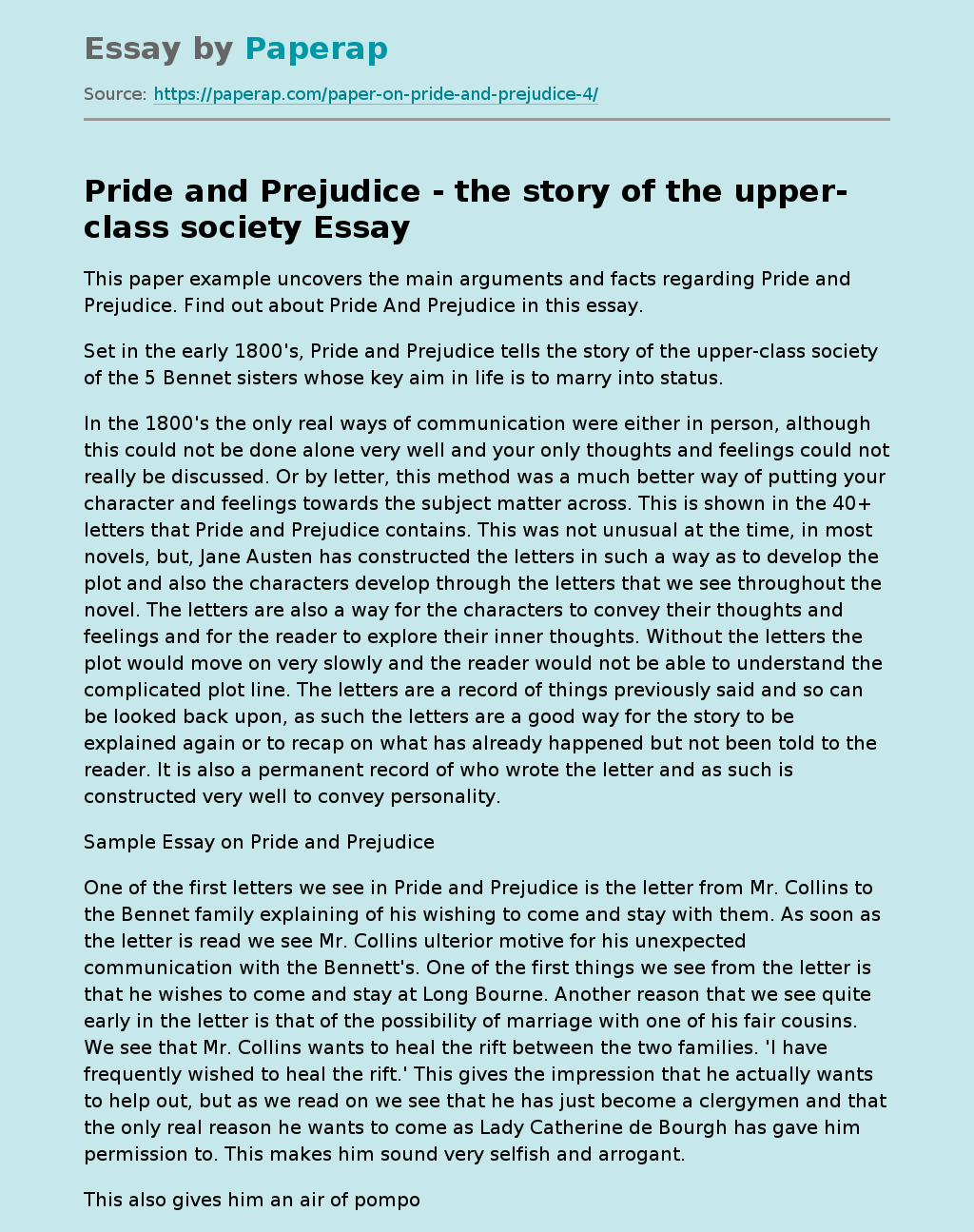 “Pride and Prejudice” - The Story of the Upper-Class Society