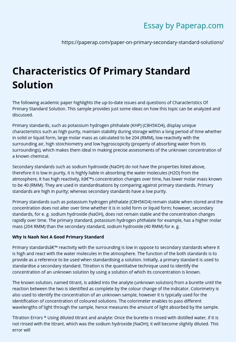 Characteristics Of Primary Standard Solution