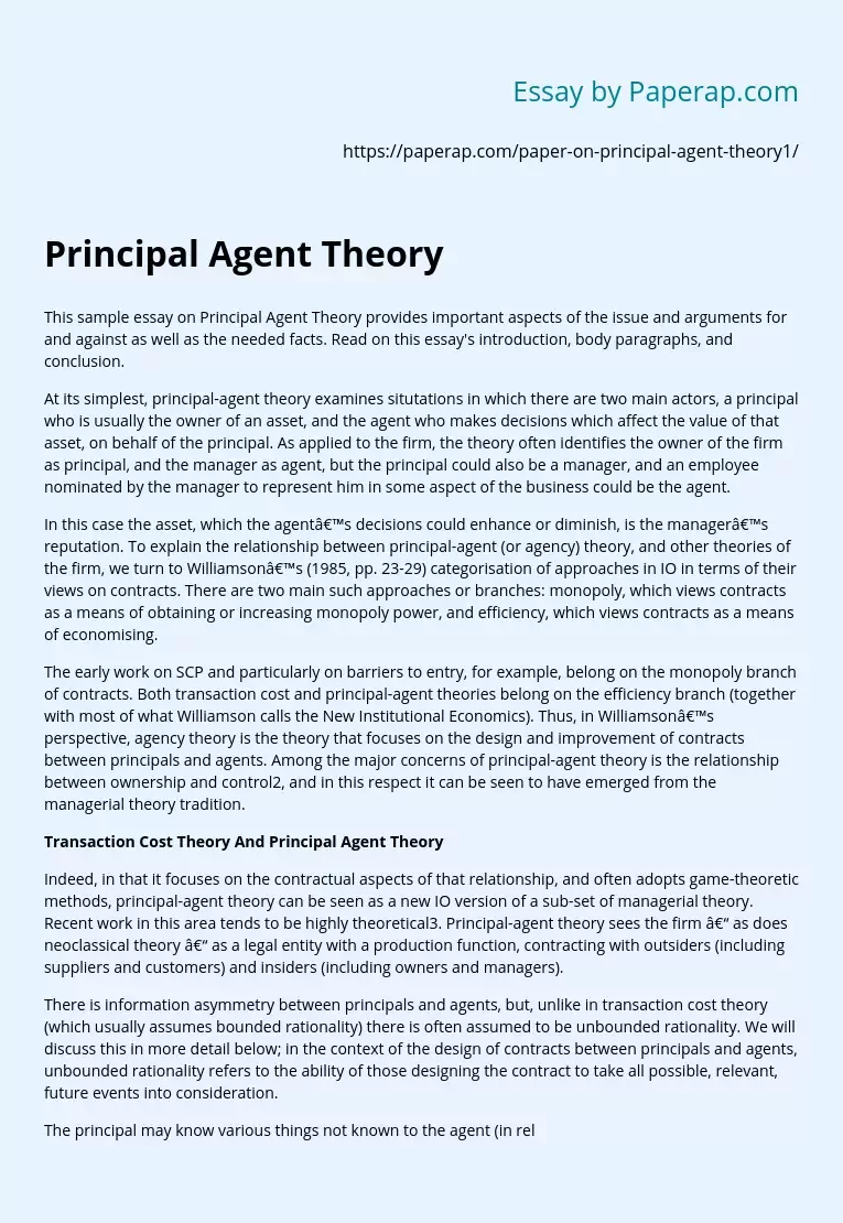 Transaction Cost Theory And Principal Agent Theory