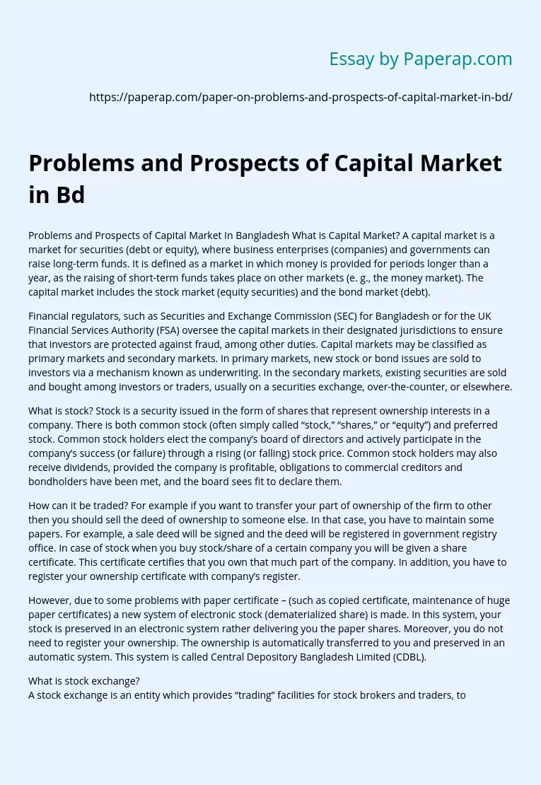 Problems and Prospects of Capital Market in Bd
