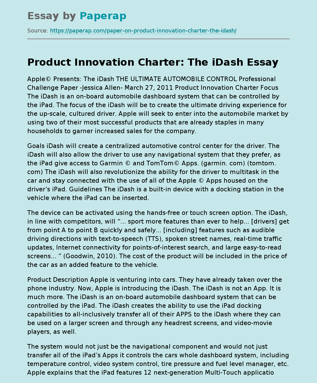 Product Innovation Charter: The iDash