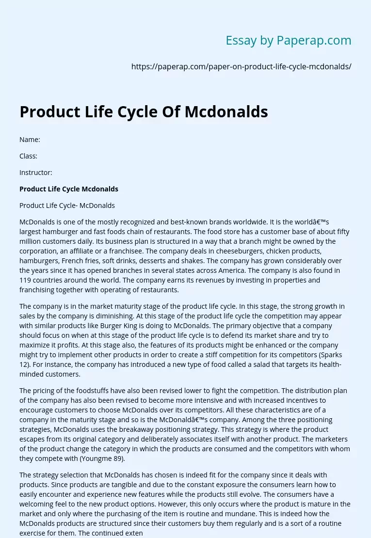 Product Life Cycle Of Mcdonalds