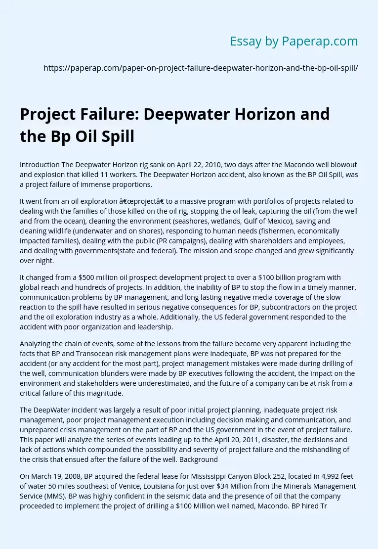 Project Failure: Deepwater Horizon and the Bp Oil Spill