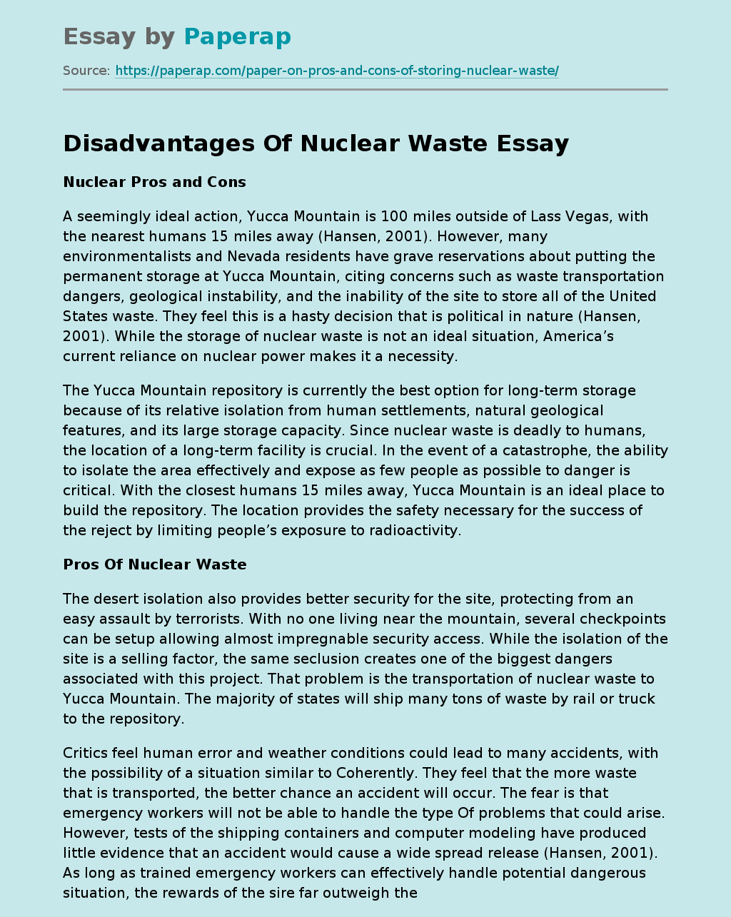 Disadvantages Of Nuclear Waste