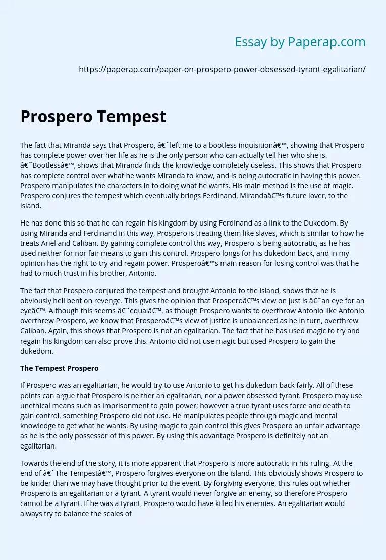 Реферат: Prospero The Leader Essay Research Paper Prospero