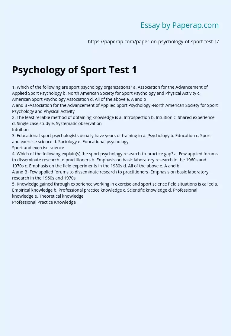 Psychology of Sport Test 1 Questions and Answers