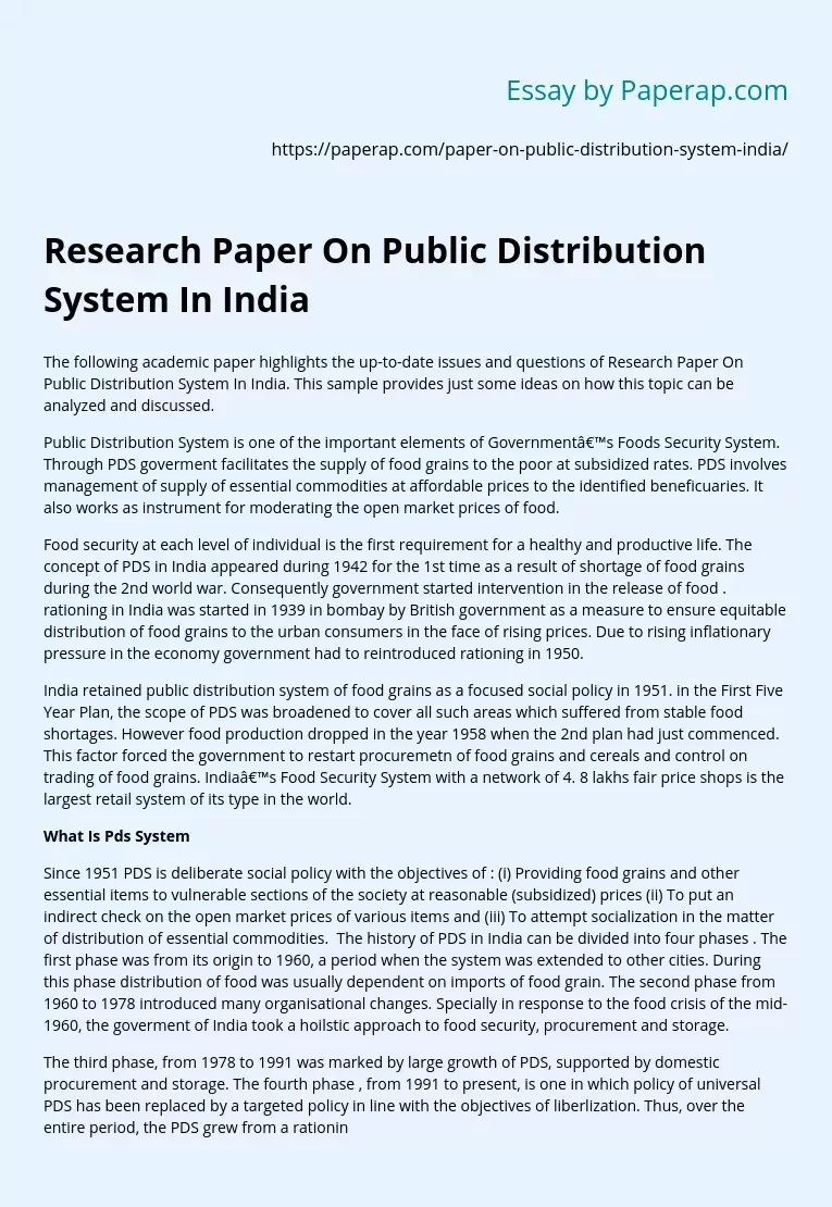 Research Paper On Public Distribution System In India