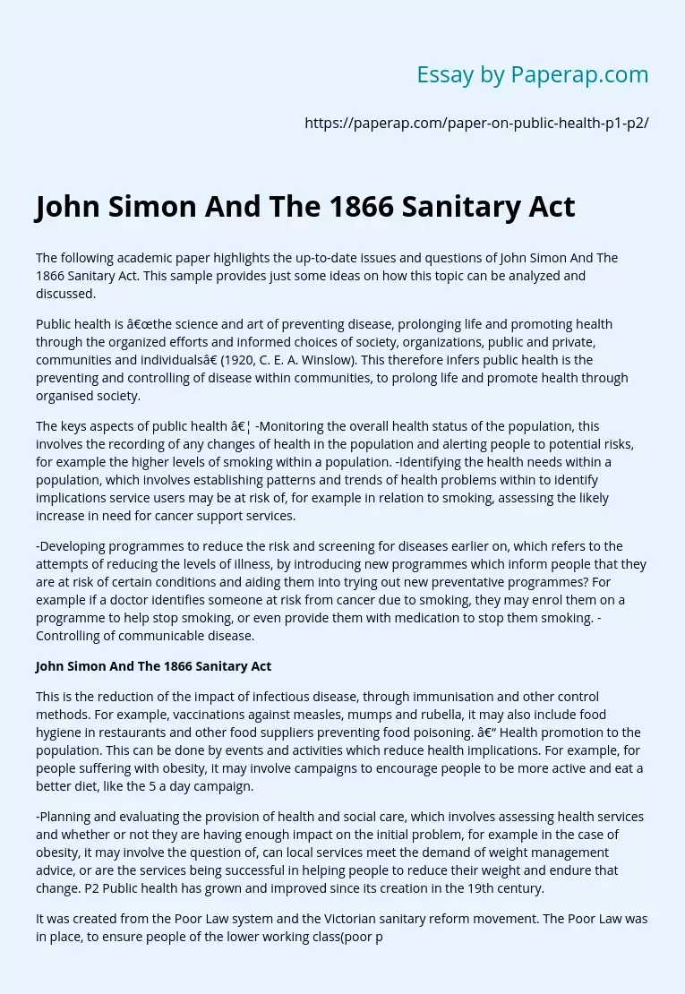 John Simon And The 1866 Sanitary Act