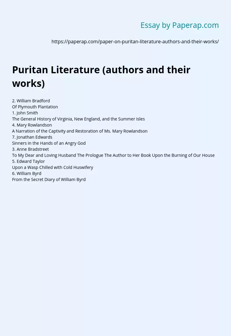 Puritan Literature (authors and their works)