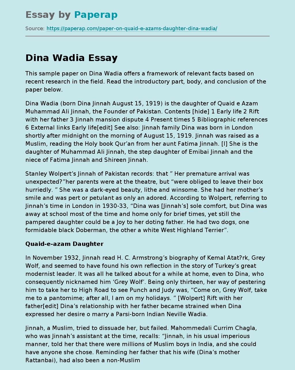 Dina Wadia: A Framework of Relevant Facts