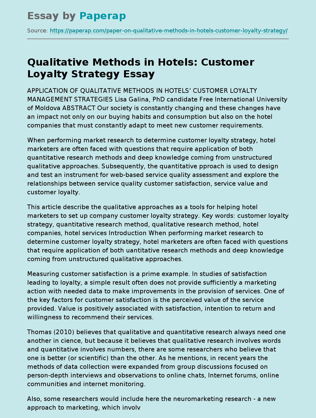 Qualitative Methods in Hotels: Customer Loyalty Strategy